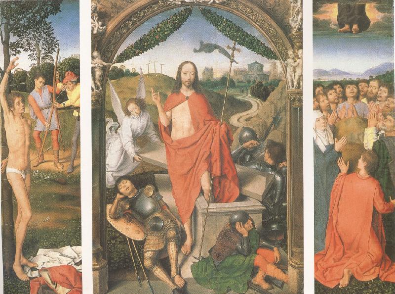 The Resurrection with the Martyrdom of st Sebastian and the Ascension a triptych (mk05), Hans Memling